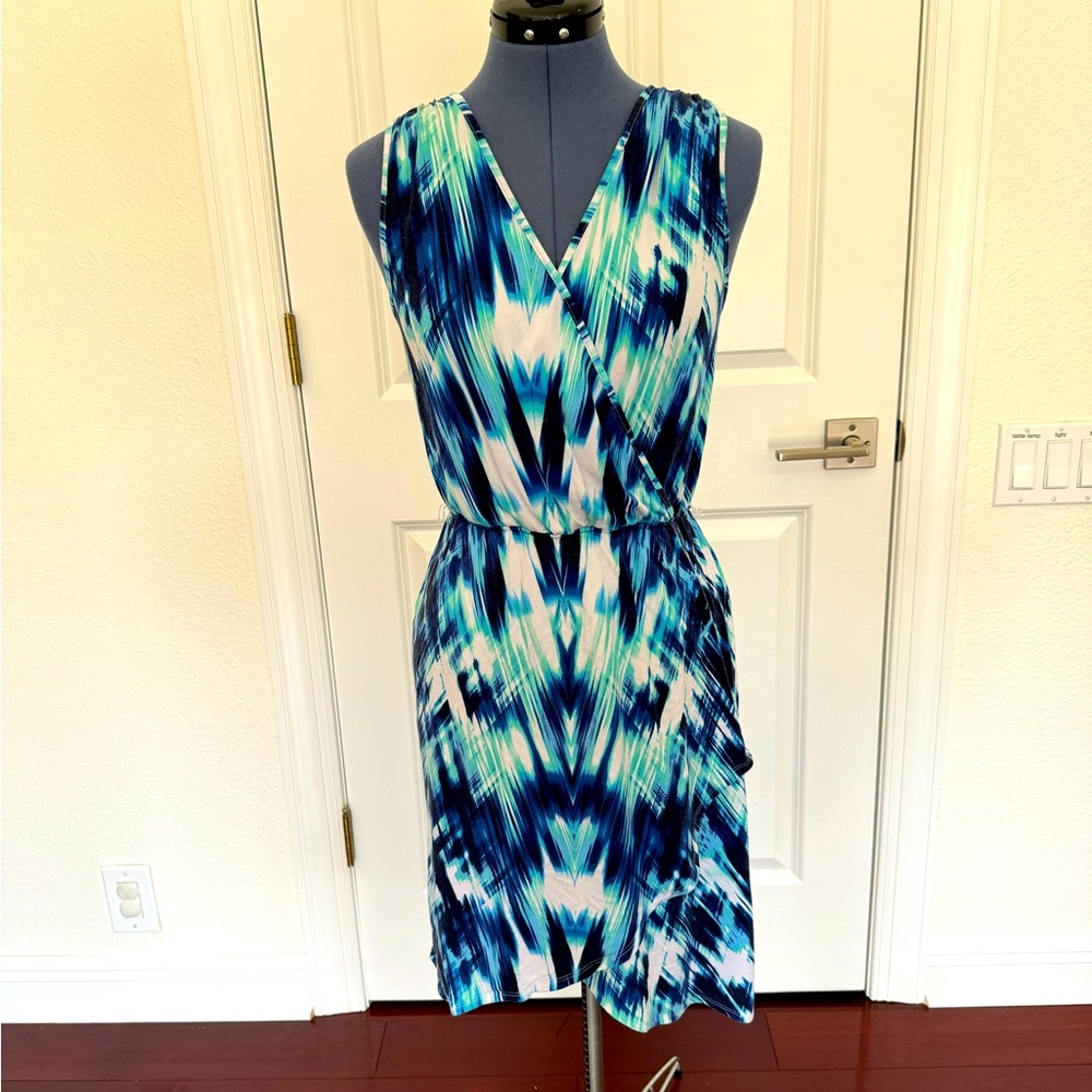 Tart Blue Watercolor Sleeveless Faux Wrap Dress
